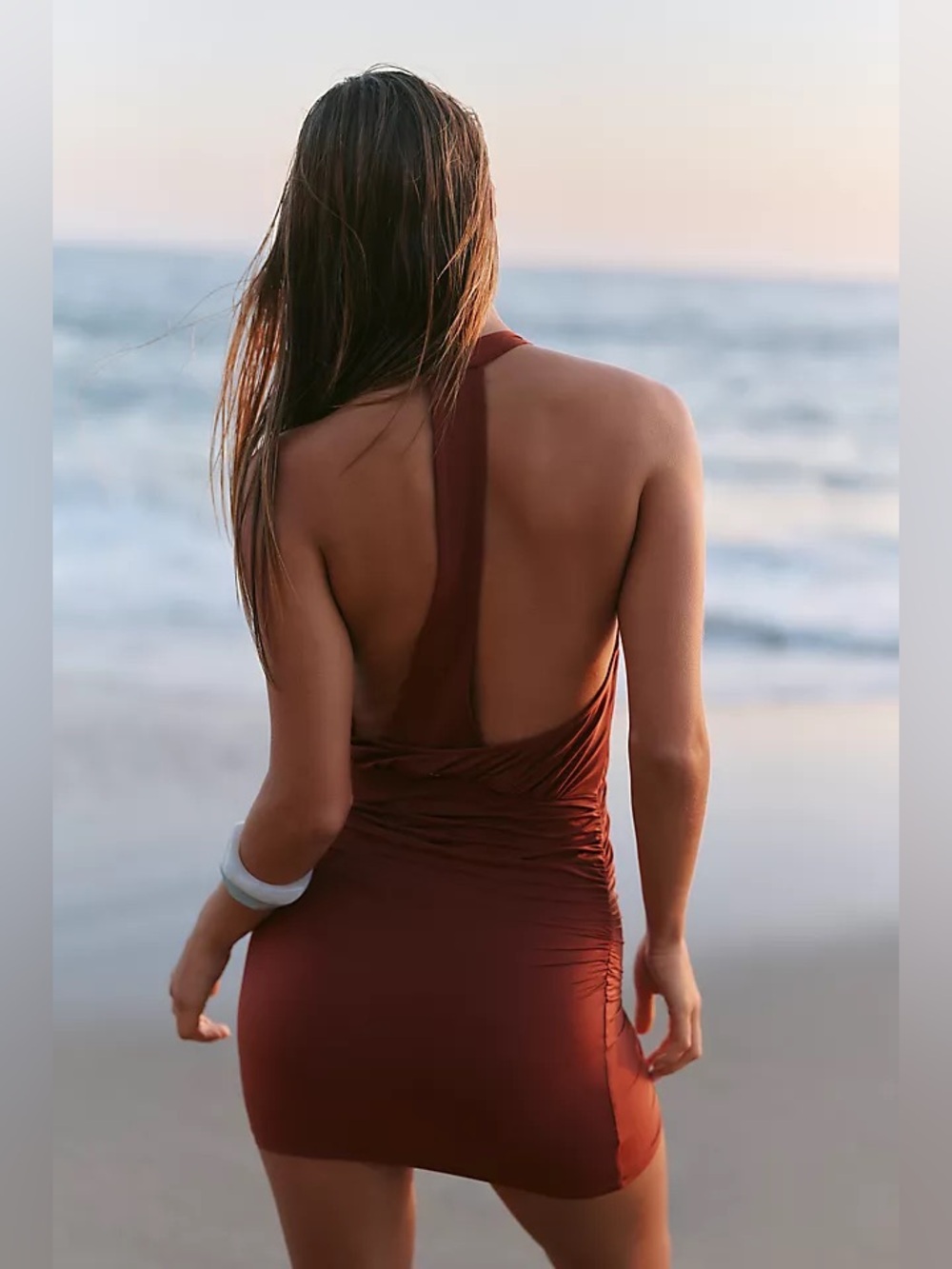 FARM Rio Brown High Neck Draped Open Back Mini Dress NWT L - Picture 3 of 6